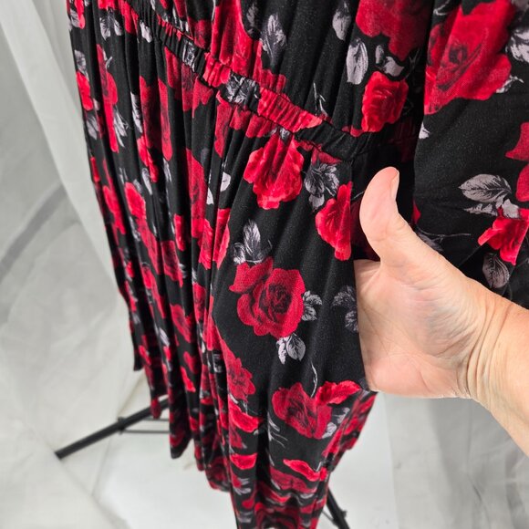 718-5 Torrid Midi Stretch Challis Tie Neck Dress Rose Black Floral Size 2 18/20 - Picture 8 of 16